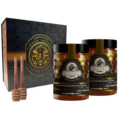 Ellora Farms, Single Estate PDO Greek Raw Honey, Pine & Thyme, Superfood, Includes Wooden Dippers, 1 lb Each, Twin Pack