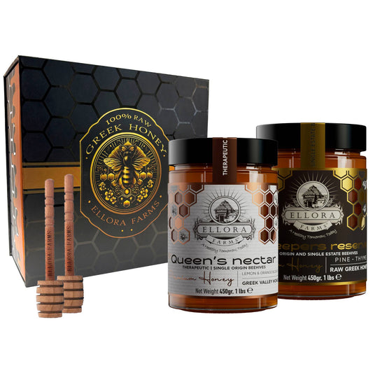 Ellora Farms, Single Estate PDO Pine Thyme & Orange Blossom Honey, Superfood, Includes Wooden Dippers, 1 lb Each, Twin Pack