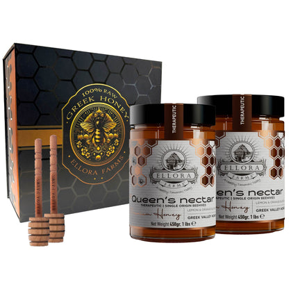 Ellora Farms, Queens Nectar, Lemon & Orange Blossom Honey, Greek Superfood, Includes Wooden Dippers, 1 lb Each, Twin Pack