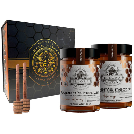 Ellora Farms, Queens Nectar, Lemon & Orange Blossom Honey, Greek Superfood, Includes Wooden Dippers, 1 lb Each, Twin Pack
