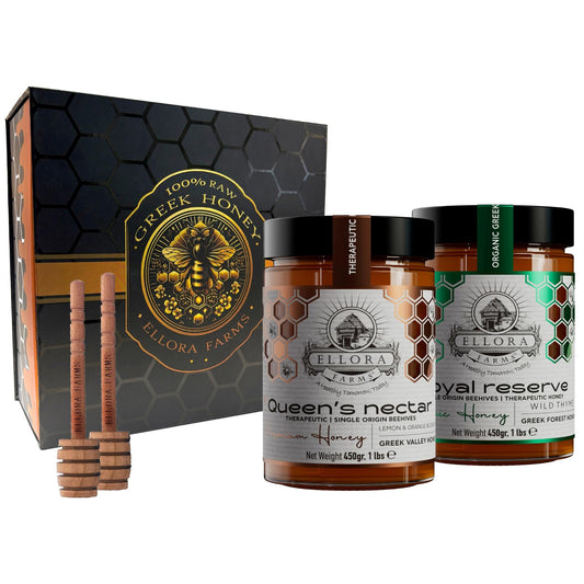 Ellora Farms, Organic Thyme and Orange Blossom Raw Greek Honey, Single Origin Unfiltered Superfood, Includes Wooden Dipper, 1 lb Each, Twin Pack
