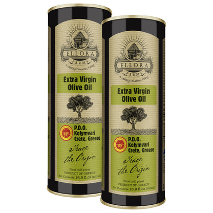 Ellora Farms, Certified PDO Extra Virgin Olive Oil, Traceable and Single Estate EVOO, Harvested in Crete, Greece, 17 Oz Tins, Pack of 2