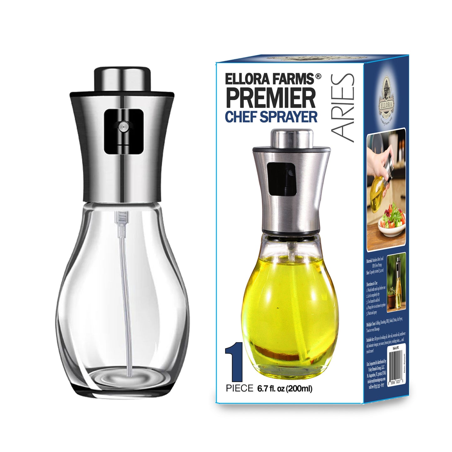 Ellora Farms, Aries Premium Chef Oil & Vinegar Glass Mister Sprayer, 200 ml Glass Bottle with Stainless Steel Funnel (2 Pack)