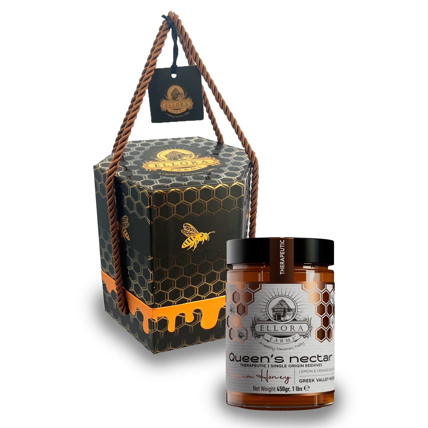 Ellora Farms, Greek Raw Honey, Queens Nectar, Lemon & Orange Blossom, Gift of Honey POT, Dipper Included, 450g