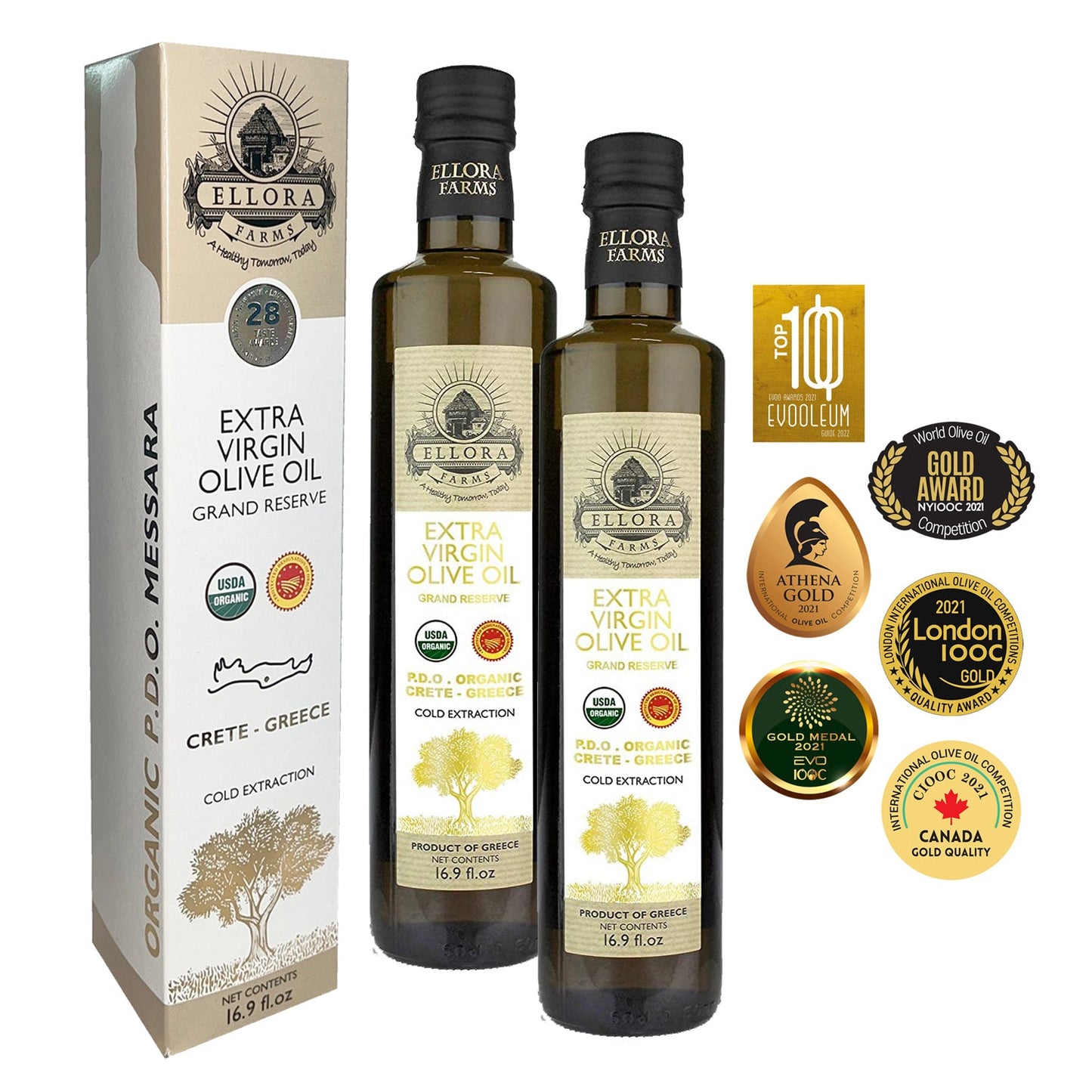 Ellora Farms, Certified Organic & Single Estate PDO Greek Extra Virgin Olive Oil, Gold Medal Winner, 17 OZ Bottle, Pack of 2