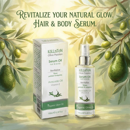 Kalliston Hair and Body Serum Oil, Organic Olive, Avocado, Almond oil & Vitamin E, Nourishes & hydrates all skin types and scalp, 100 ml Spray bottle, (3.38 oz)