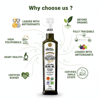 Aleta Organic & Single Estate PDO Extra Virgin Greek Olive Oil, Traceable EVOO, Kosher, Great Taste Award, 17 oz. (500ml) Bottle