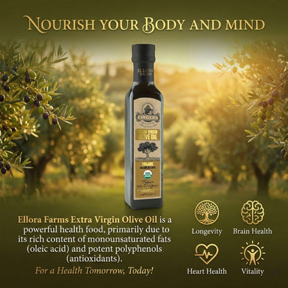 Ellora Farms, Olive Oil Extra Virgin Organic, Traceable Greek, High phenols Cold press, Kosher, 8.45 oz. Glass Bottle, Pack of 2