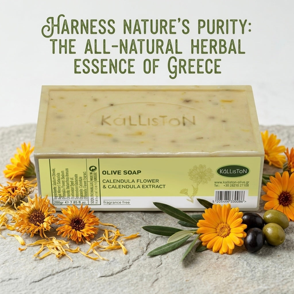 Calendula Flower & Calendula Extract, Olive Soaps with Natural Herbs, Fragrance Free, Made in Island of Crete, Greece, 7.05 oz