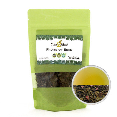 Fruits of Eden Tea, Loose Leaf Green Tea with Berry Fruits, Vanilla, and Cream, Designer Resealable Pouch, 3.52 oz.