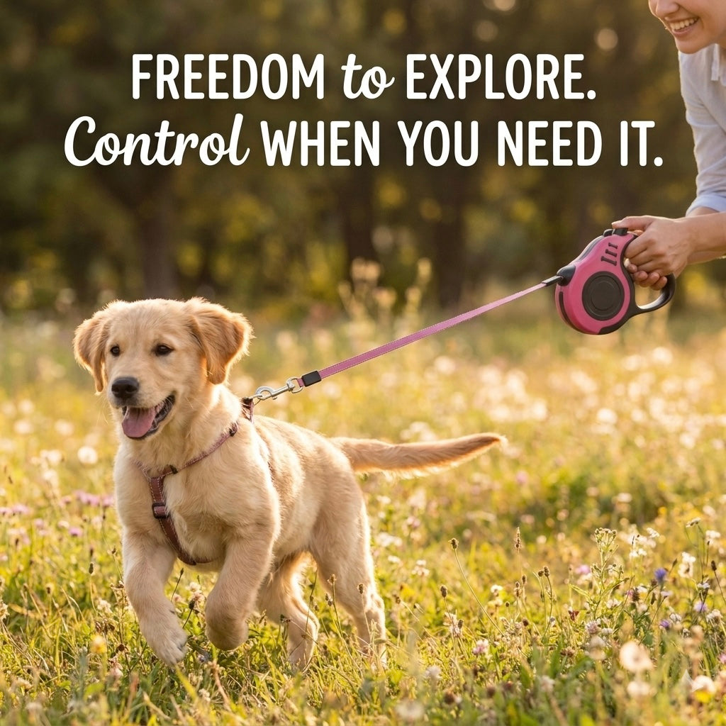 Pawspire Signature Retractable Leash, Smooth One-Touch Locking, Ergonomic Grip, 3M (10 feet) Heavy-Duty Nylon Strip, (Pink)