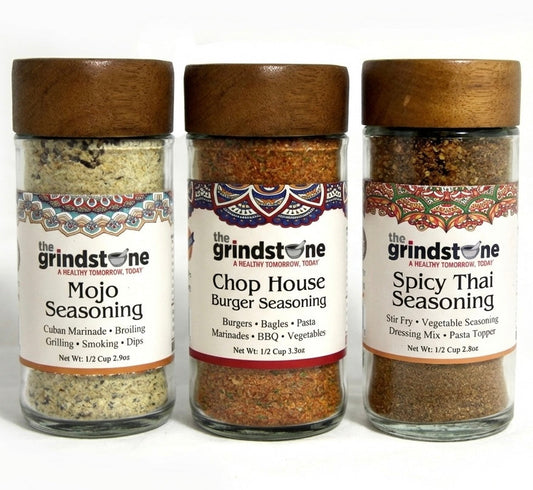 Combo Pack Salt Free, Mojo Seasoning, Chophouse Burger & Thai Seasoning, Burgers, Vegetables, Soups and Meats, Glass Bottle, Pack of 3