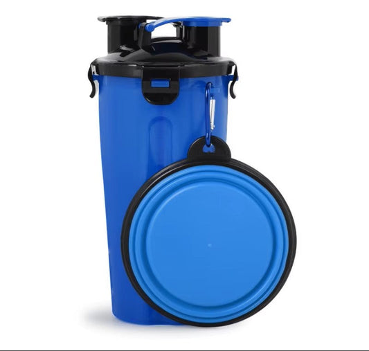 Dog Water Bottle and Collapsible Bowl, 2 in 1 Pet Food Container, Portable Water Bowl for Walking, Traveling, Camping Hiking (Blue)