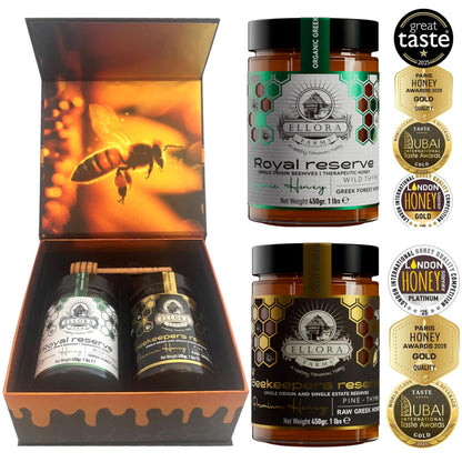 Ellora Farms, Organic Raw Honey & Single Estate PDO Pine Thyme Honey, Superfood, Includes Wooden Dippers, 1 lb Each, Twin Pack