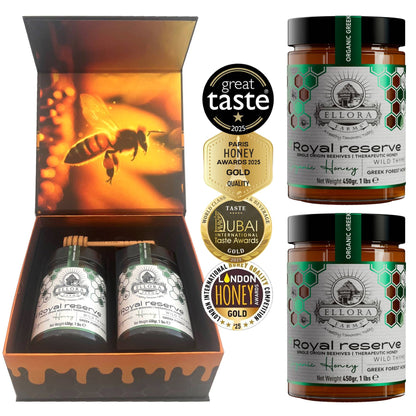 Ellora Farms, Organic Greek Raw Honey, Royal Reserve, Wild Thyme, Superfood, Includes Wooden Dippers, 1 lb. Each, Twin Pack