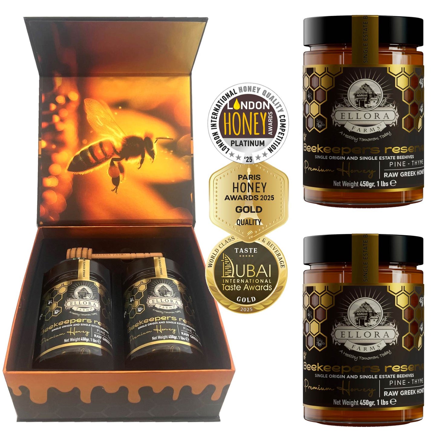 Ellora Farms, Single Estate PDO Greek Raw Honey, Pine & Thyme, Superfood, Includes Wooden Dippers, 1 lb Each, Twin Pack