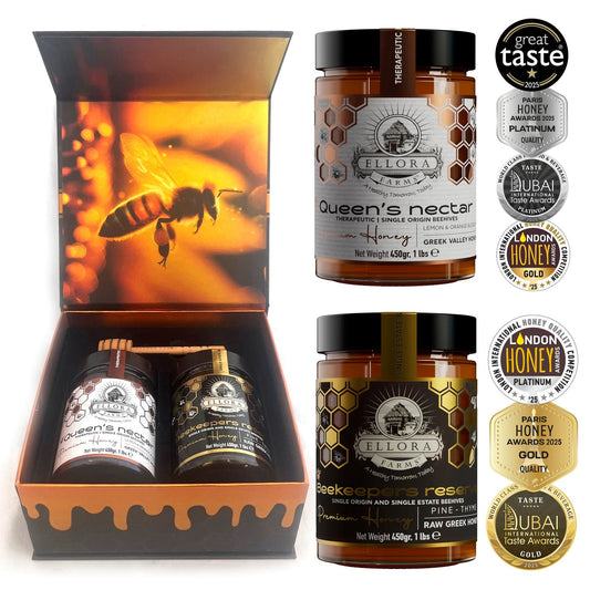 Ellora Farms, Single Estate PDO Pine Thyme & Orange Blossom Honey, Superfood, Includes Wooden Dippers, 1 lb Each, Twin Pack