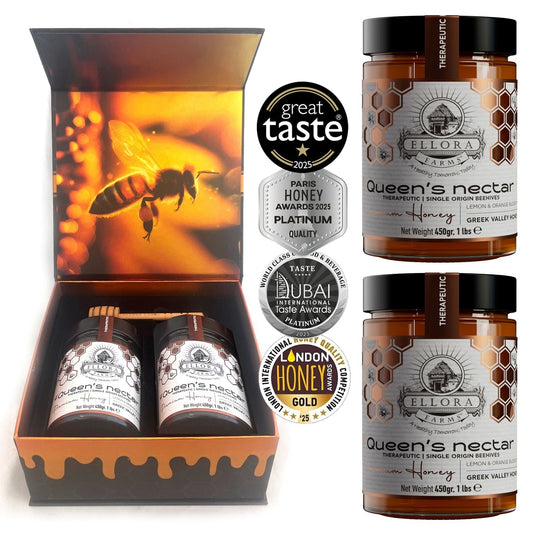Ellora Farms, Queens Nectar, Lemon & Orange Blossom Honey, Greek Superfood, Includes Wooden Dippers, 1 lb Each, Twin Pack