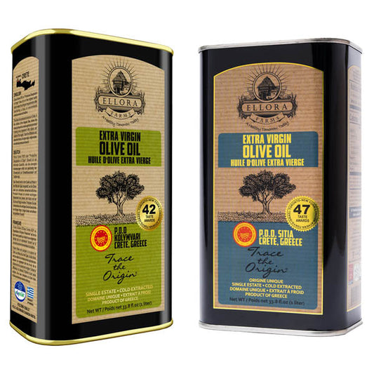 Ellora Farms PDO SITIA & Kolymvari, Greek Extra Virgin Olive Oil, 1 Ltr Tin (33.8 oz) Combo