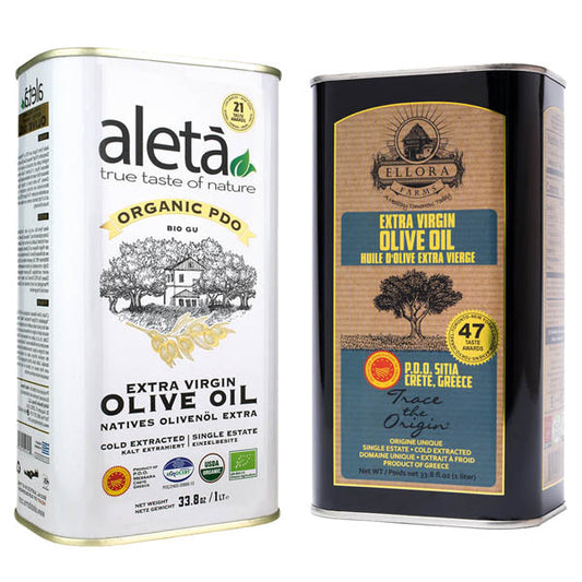 Aleta Organic & Ellora PDO SITIA Single Estate Extra Virgin Greek Olive Oil, 1 Ltr Tin, 33.8 oz. Combo