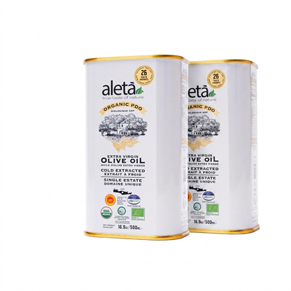 Aleta Organic Single Estate Extra Virgin Greek Olive Oil, PDO Messara Valley, High Polyphenols, 17 Oz Tin, Pack of 2