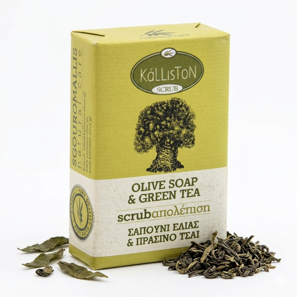 Olive Oil Soap Scrub with Green Tea Extract & Aroma, All Natural, Made in Ancient Crete, Greece, 3.53 oz.