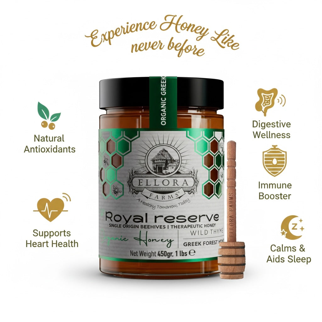Ellora Farms, Organic Greek Raw Honey, Royal Reserve, Wild Thyme, Superfood, Includes Wooden Dippers, 1 lb. Each, Twin Pack