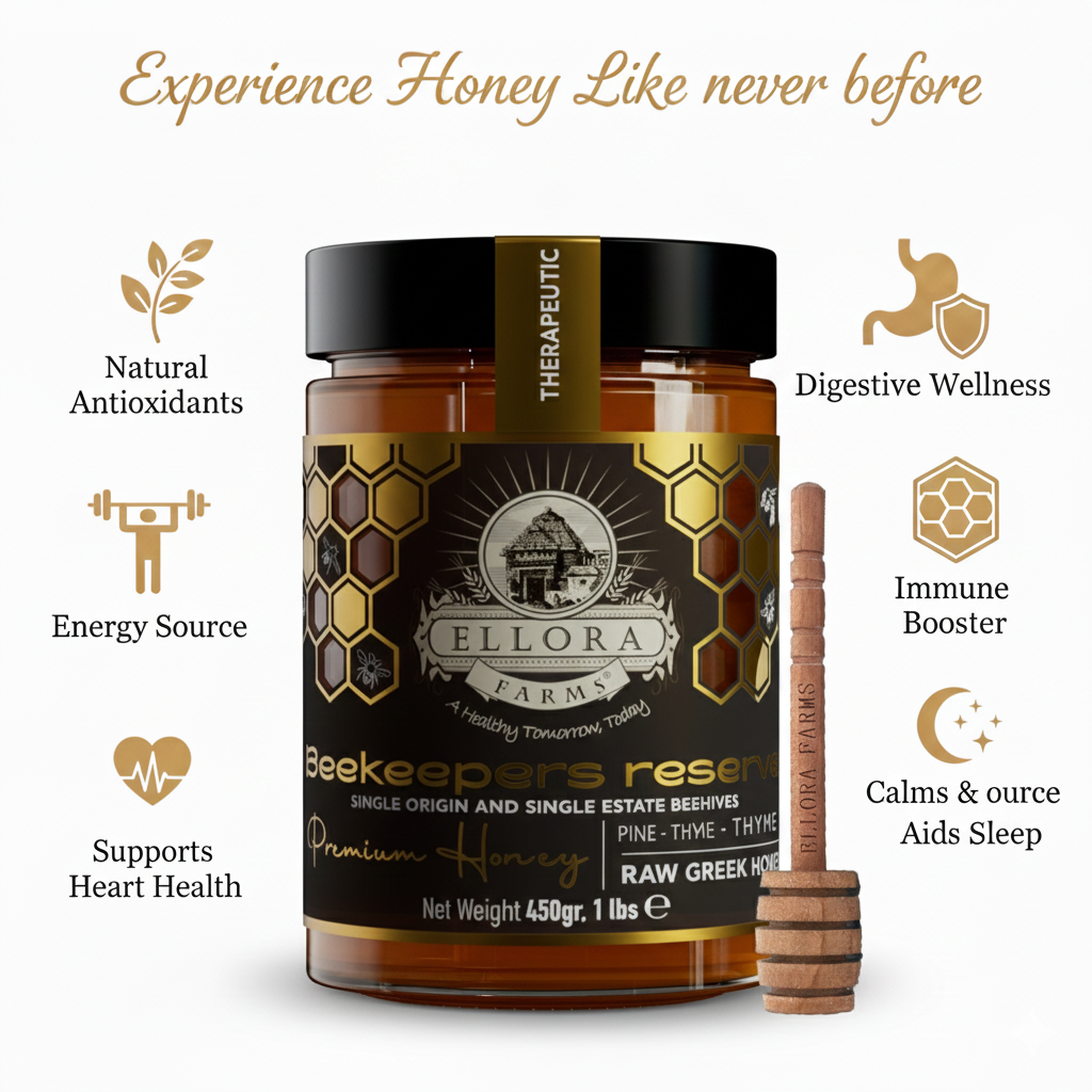 Ellora Farms, Single Estate PDO Greek Raw Honey, Beekeepers Reserve Gift of Honey in Cube Box, Pine & Thyme, 450g