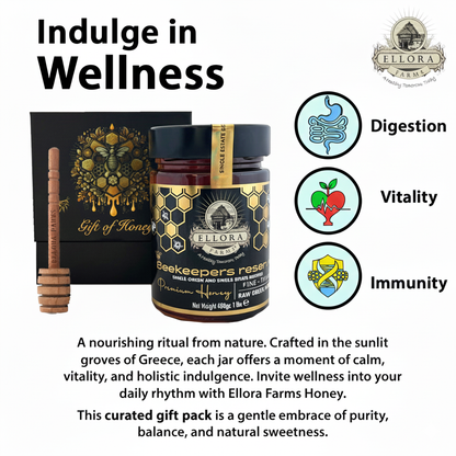 Ellora Farms, Single Estate PDO Greek Raw Honey, Beekeepers Reserve Gift of Honey in Cube Box, Pine & Thyme, 450g