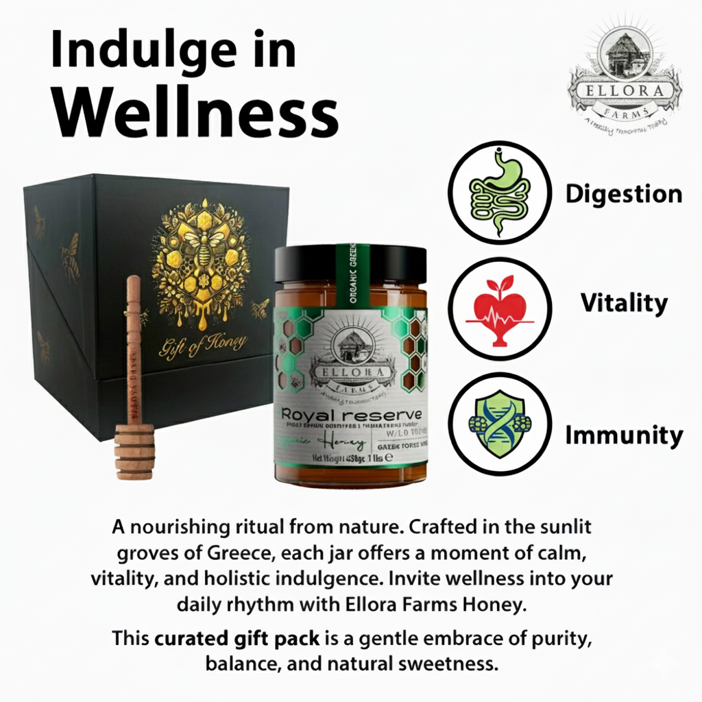 Ellora Farms, Organic Greek Raw Honey, Royal Reserve, Wild Thyme, Gift of Honey in Cube Box, Dipper Included,450g