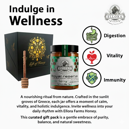 Ellora Farms, Organic Greek Raw Honey, Royal Reserve, Wild Thyme, Gift of Honey in Cube Box, Dipper Included,450g