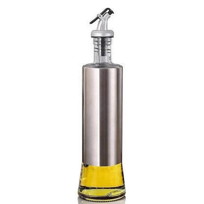 New Age Kitchen, Glass Cruet Bottle, Elegant Stainless Steel Shell casing, large 17 oz (Steel)