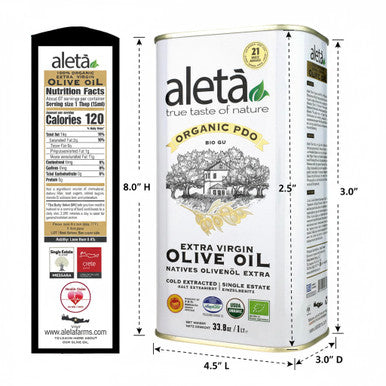 Aleta Organic & Single Estate PDO Extra Virgin Greek Olive Oil, Great Taste Award, 1 Ltr. Tin (33.8 oz.)