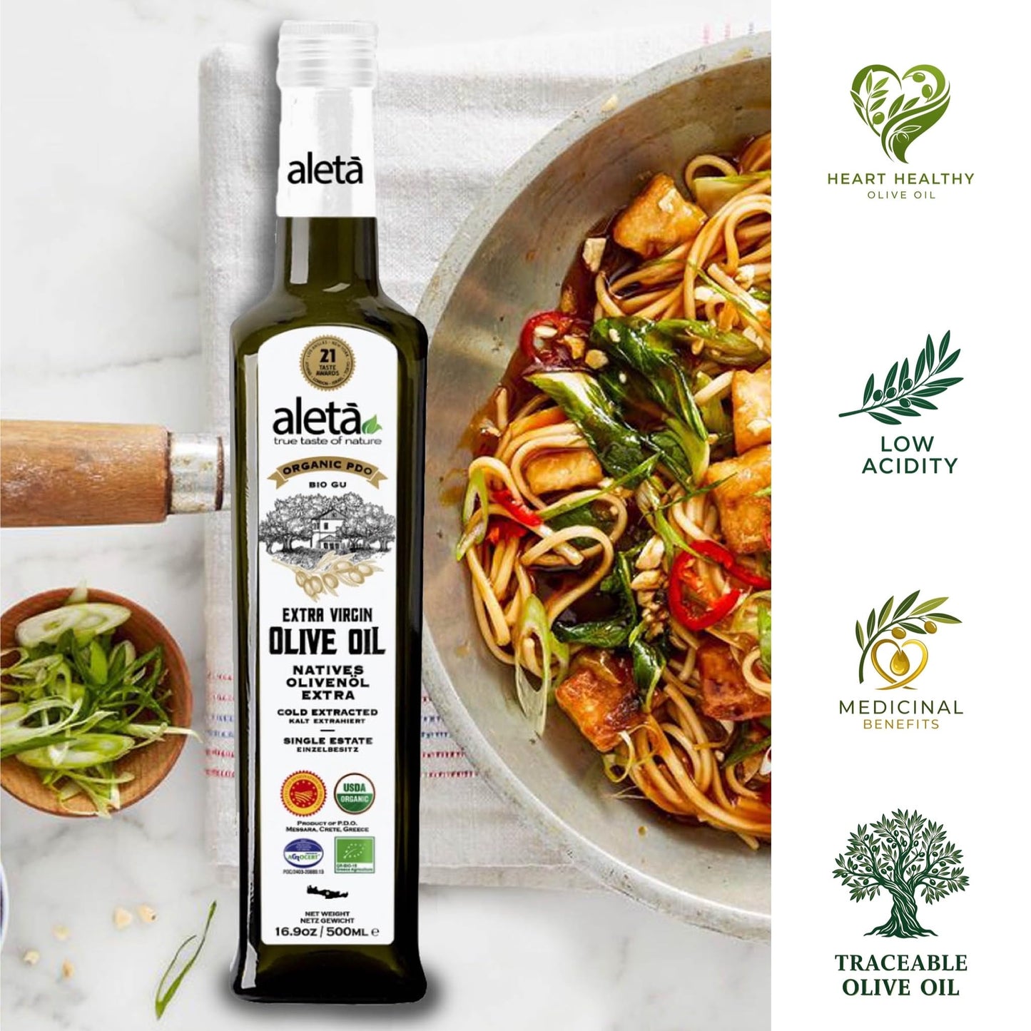 Aleta Organic & Single Estate PDO Extra Virgin Greek Olive Oil, 17 Oz Tin & 17 Oz bottle Combo