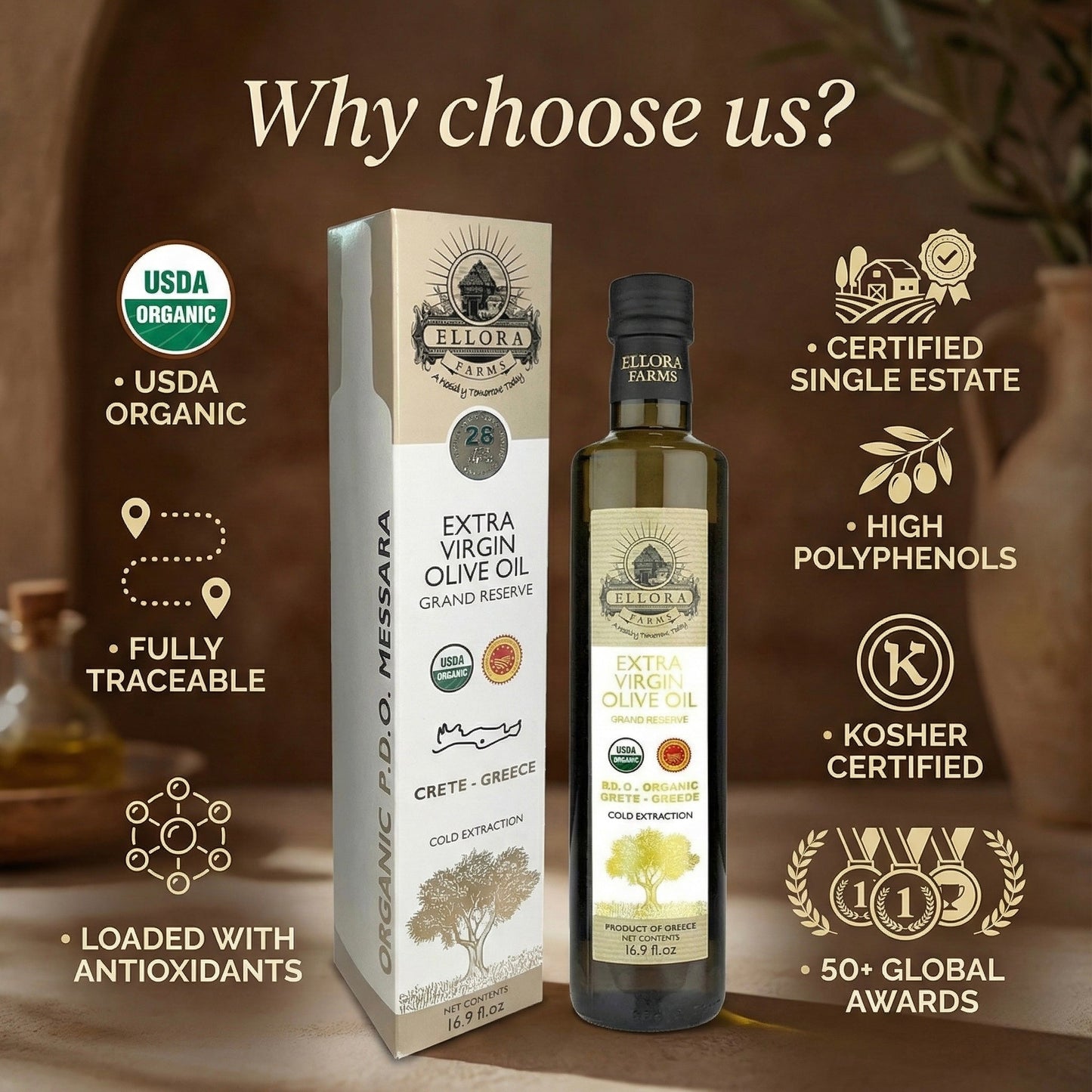 Ellora Farms, Certified Organic & Single Estate PDO Greek Extra Virgin Olive Oil, Gold Medal Winner, 17 OZ Bottle, Pack of 2