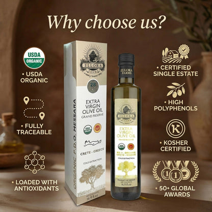 Ellora Farms, Certified Organic & Single Estate PDO Greek Extra Virgin Olive Oil, Gold Medal Winner, 17 OZ Bottle, Pack of 2