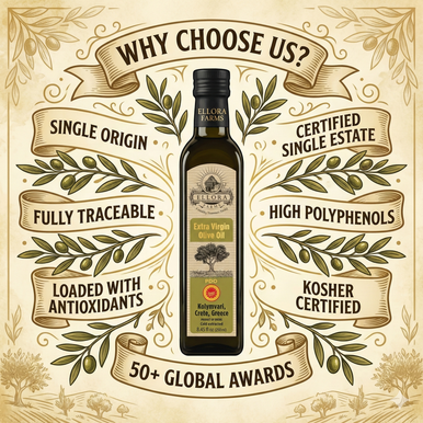 Ellora Farms, Certified Single Estate PDO Extra Virgin Olive Oil, Cold Pressed, Kosher & Traceable, Crete, Greece, 8.45 oz bottle