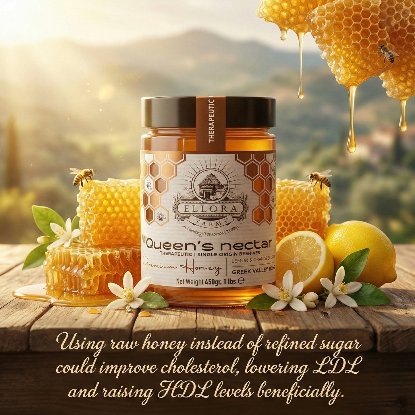 Ellora Farms, Greek Raw Honey, Queens Nectar, Lemon & Orange Blossom, 450g
