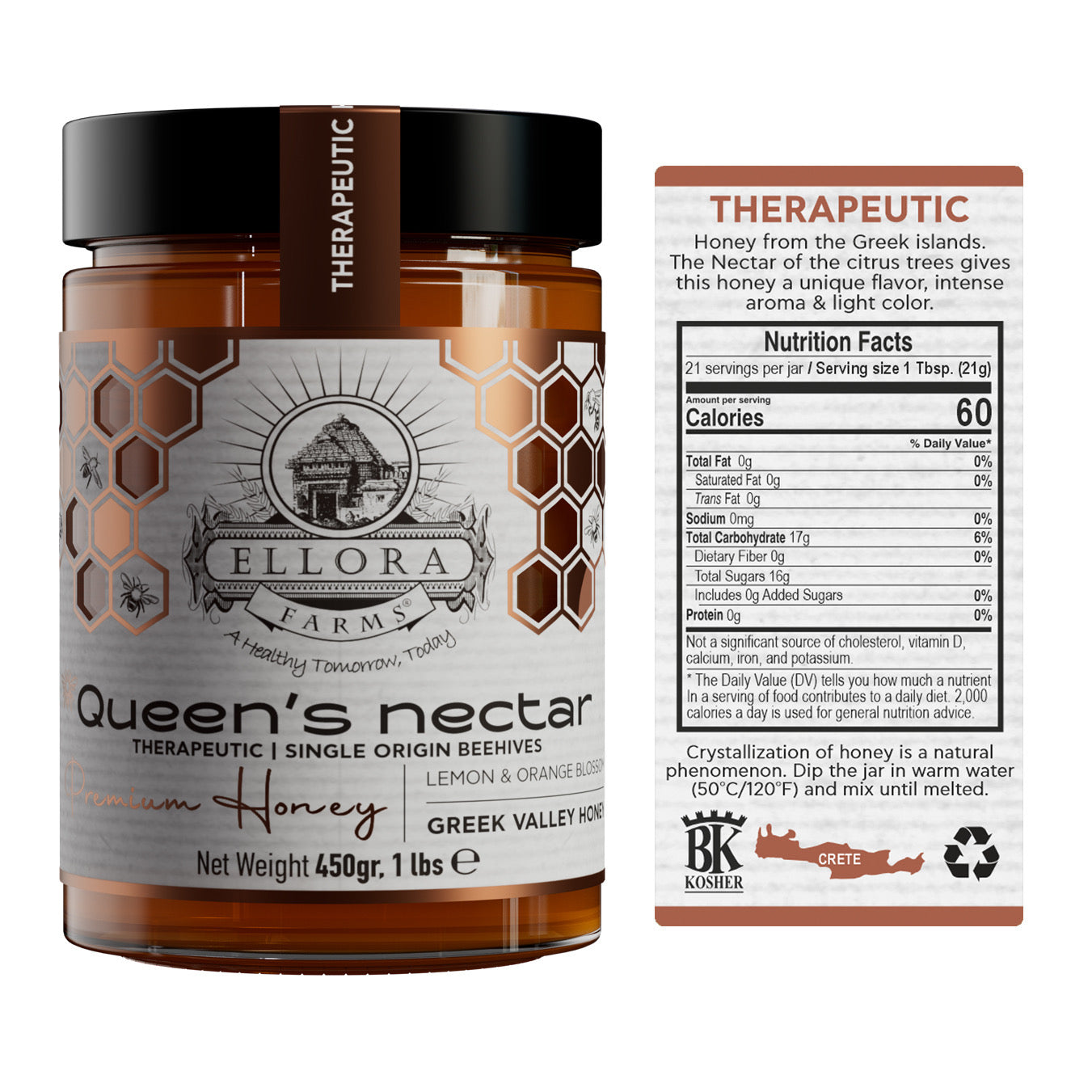 Ellora Farms, Greek Raw Honey, Queens Nectar, Lemon & Orange Blossom, 450g