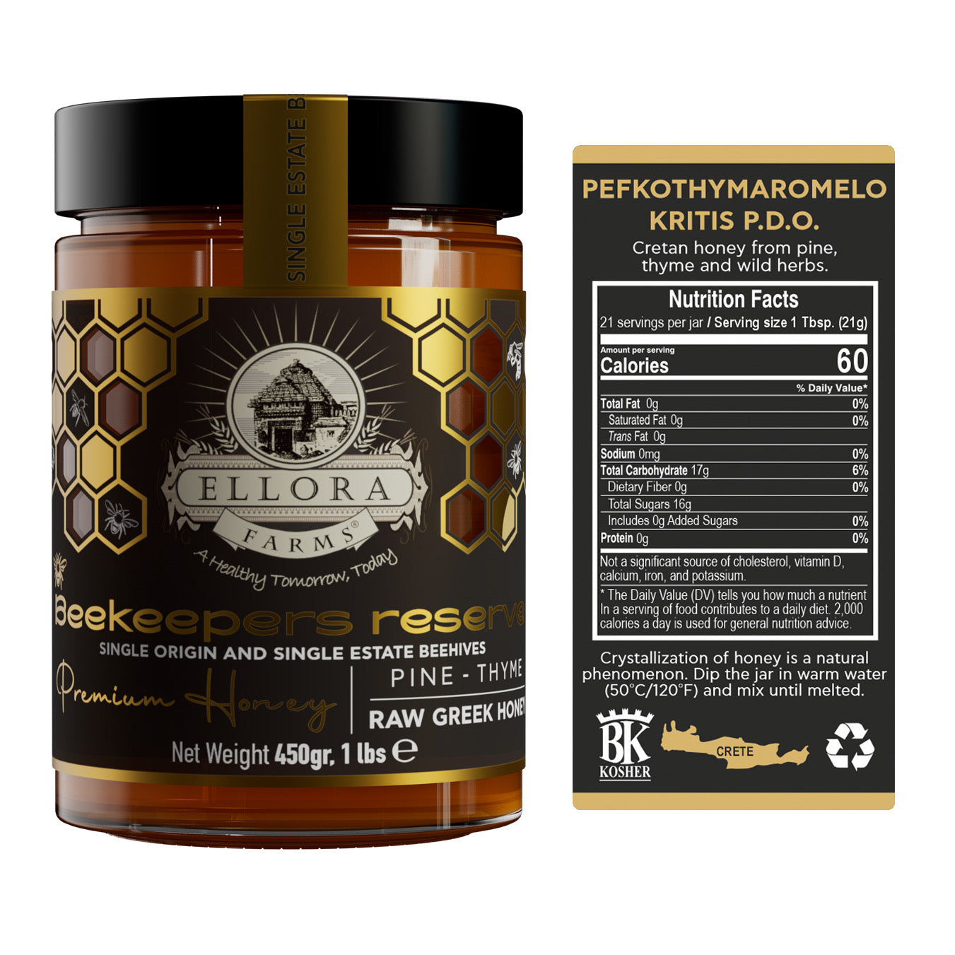 Ellora Farms, Single Estate PDO Greek Raw Honey, Beekeepers Reserve Gift of Honey in Cube Box, Pine & Thyme, 450g