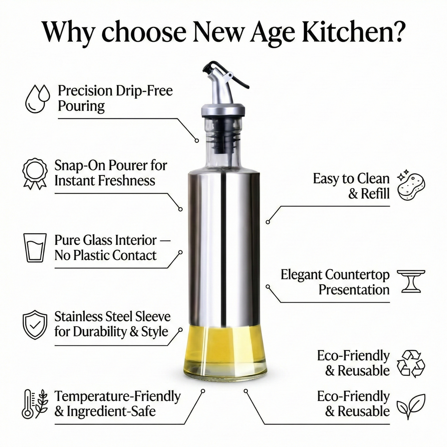 New Age Kitchen, Glass Cruet Bottle, Elegant Stainless Steel Shell Casing, large 17 oz (Black+Steel)