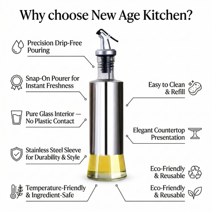 New Age Kitchen, Glass Cruet Bottle, Elegant Stainless Steel Shell Casing, large 17 oz (Black+Steel)