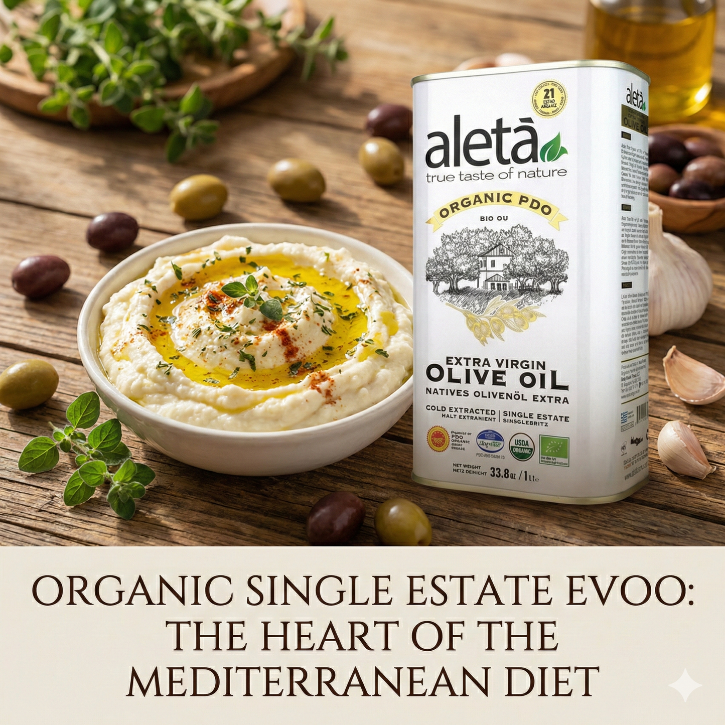 Aleta Organic & Ellora PDO SITIA Single Estate Extra Virgin Greek Olive Oil, 1 Ltr Tin, 33.8 oz. Combo