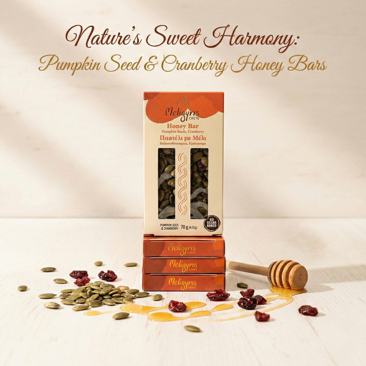 Meligyris HONEY BAR WITH NUTS, Pumpkin Seeds & Cranberries, Retail Display Pack of 12