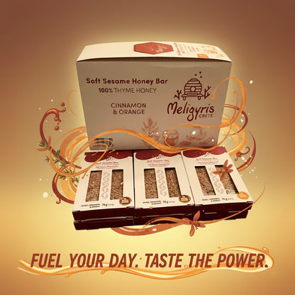 Meligyris SOFT SEASAME HONEY BARS, Cinnamon & Orange, Retail Display Pack of 12
