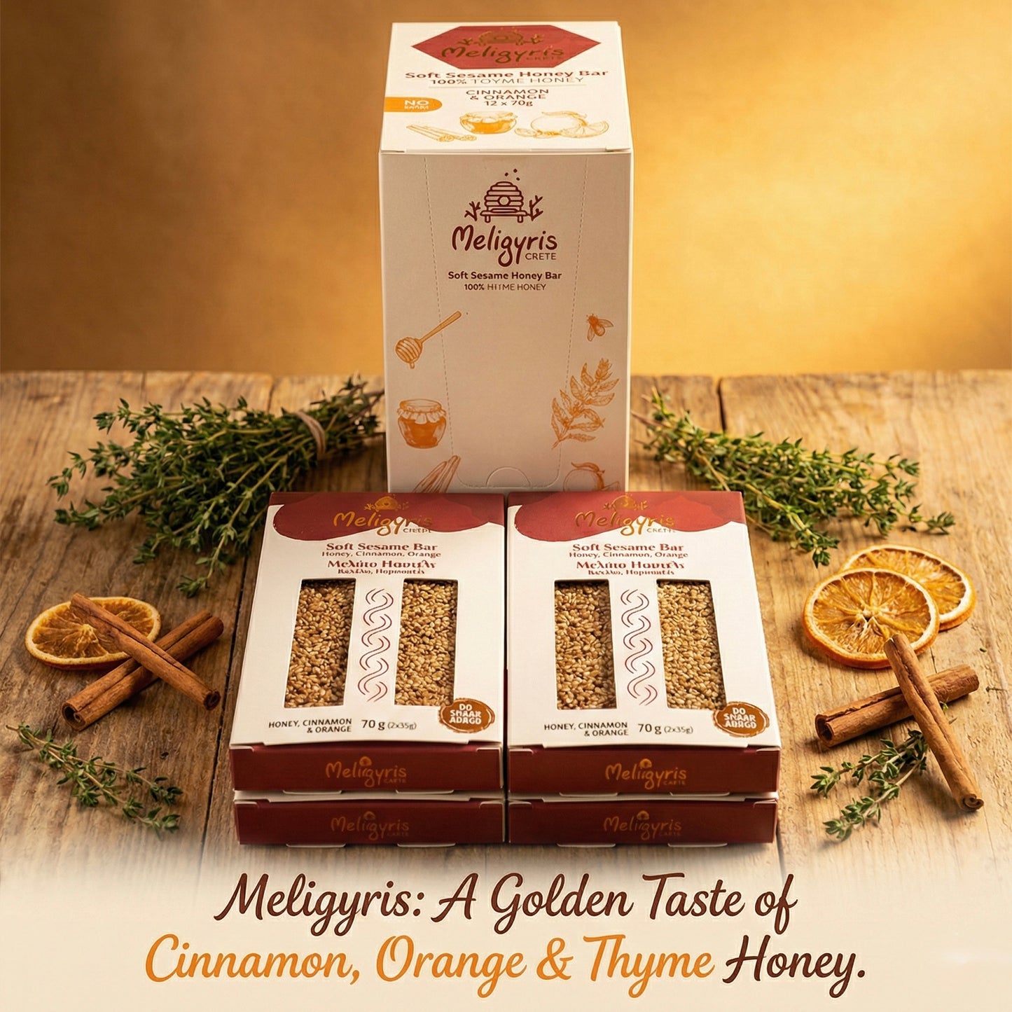 Meligyris SOFT SEASAME HONEY BARS, Cinnamon & Orange, Retail Display Pack of 12