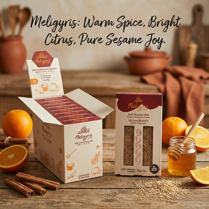 Meligyris SOFT SEASAME HONEY BARS, Cinnamon & Orange, Retail Display Pack of 12