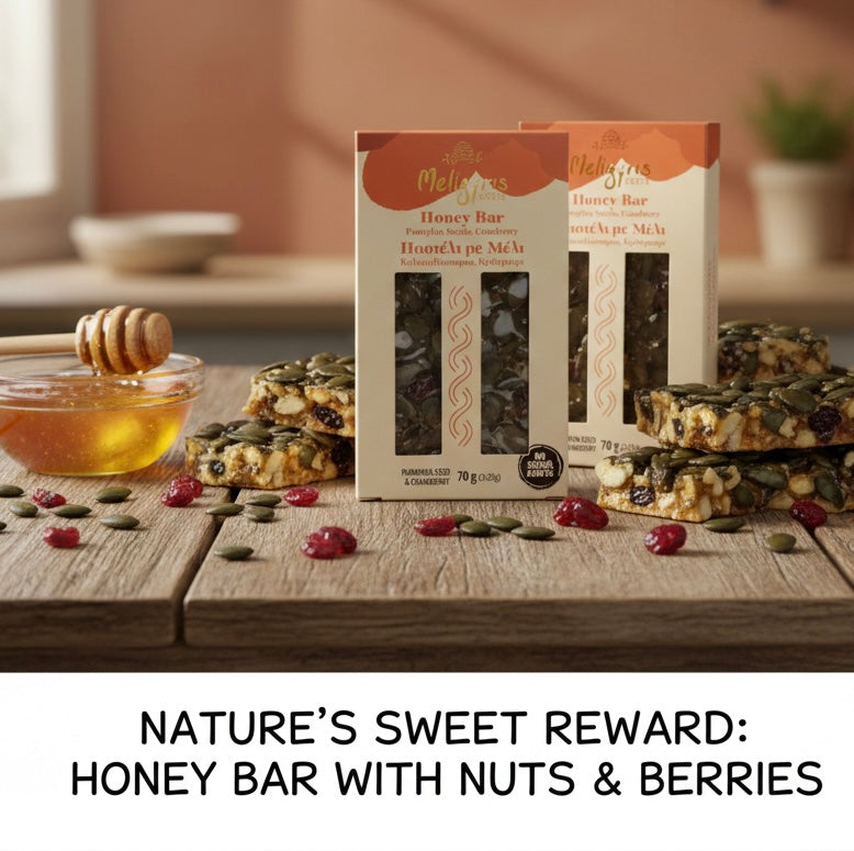 Meligyris HONEY BAR WITH NUTS, Pumpkin Seeds & Cranberries, Retail Display Pack of 12