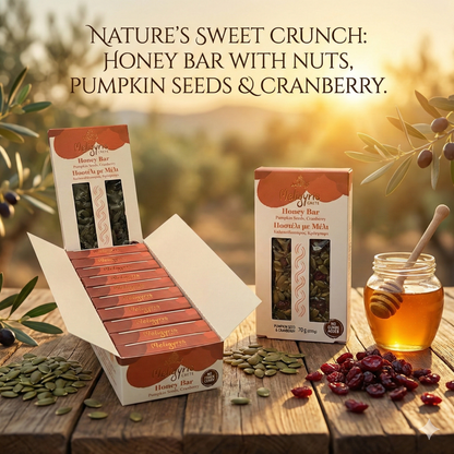 Meligyris HONEY BAR WITH NUTS, Pumpkin Seeds & Cranberries, Retail Display Pack of 12