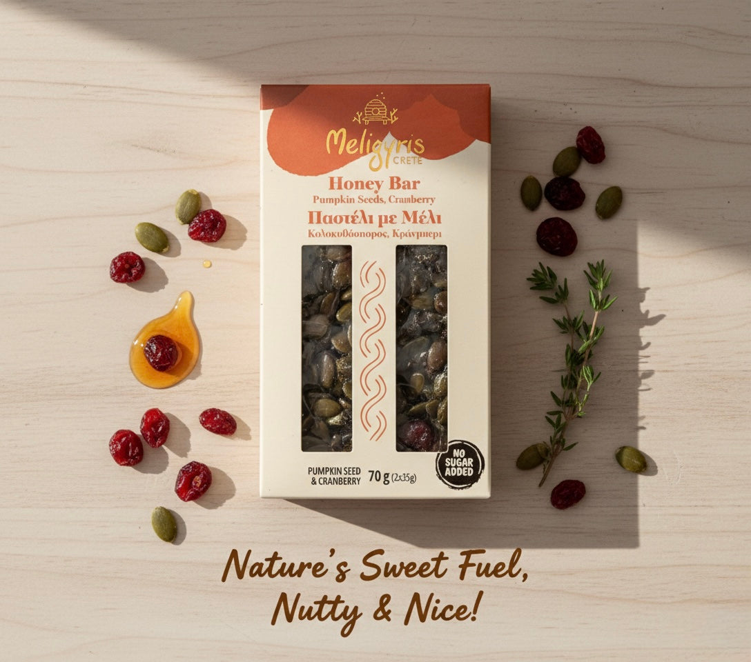 Meligyris HONEY BAR WITH NUTS, Pumpkin Seeds & Cranberries, Retail Display Pack of 12